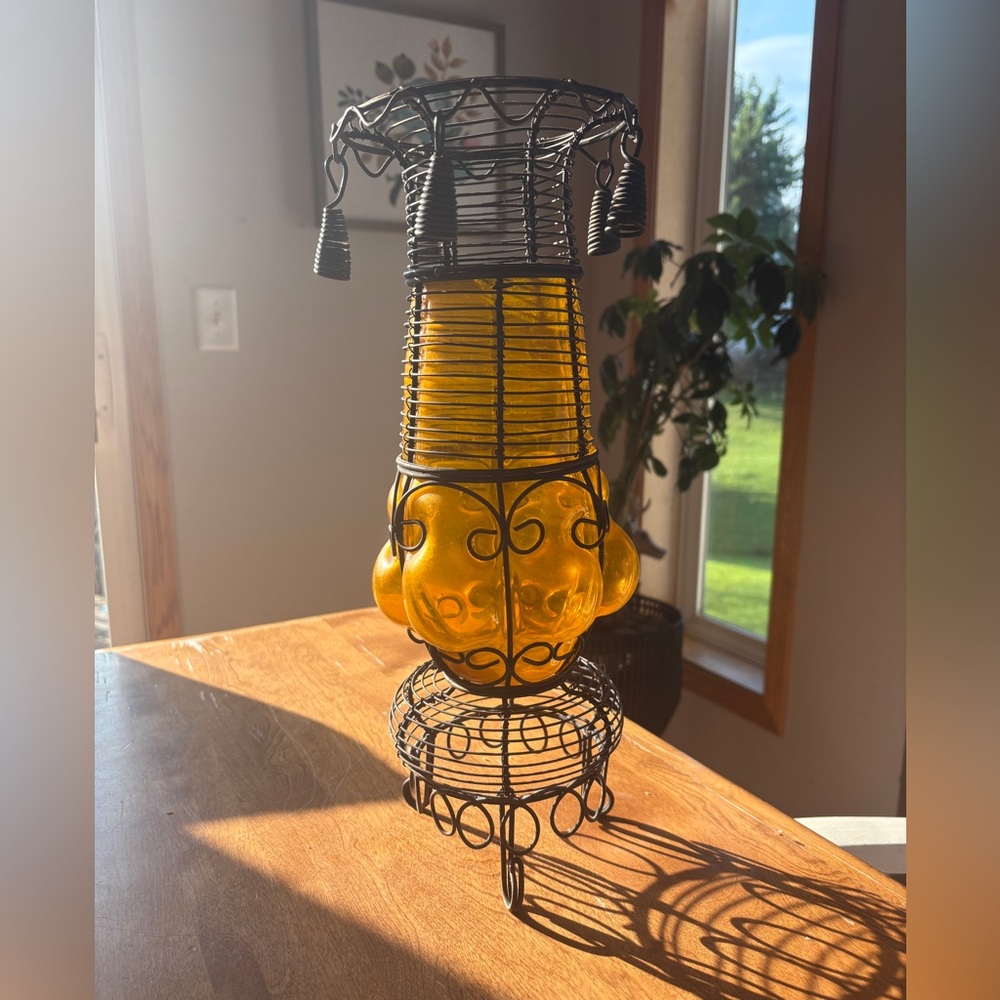 Murano Amber Glass and Black Metal Lantern